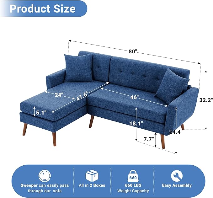 Tbfit L Shaped Couch Sofa, 80" W Mid-Century Modern Sectional Couches, 3 Seater Sofas with Wide Chaise Lounge & Two Pillows,Button Tufted Upholstered Sectional Sofa for Living Room, Bedroom, Blue