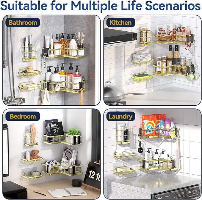 YASONIC Corner Shower Caddy Organizer, 5-Pack Self-Adhesive Rustproof Bath Shelves with Soap Holder & 4 Hooks, Large Capacity Shower Storage Rack for Bathroom Organization, Gold