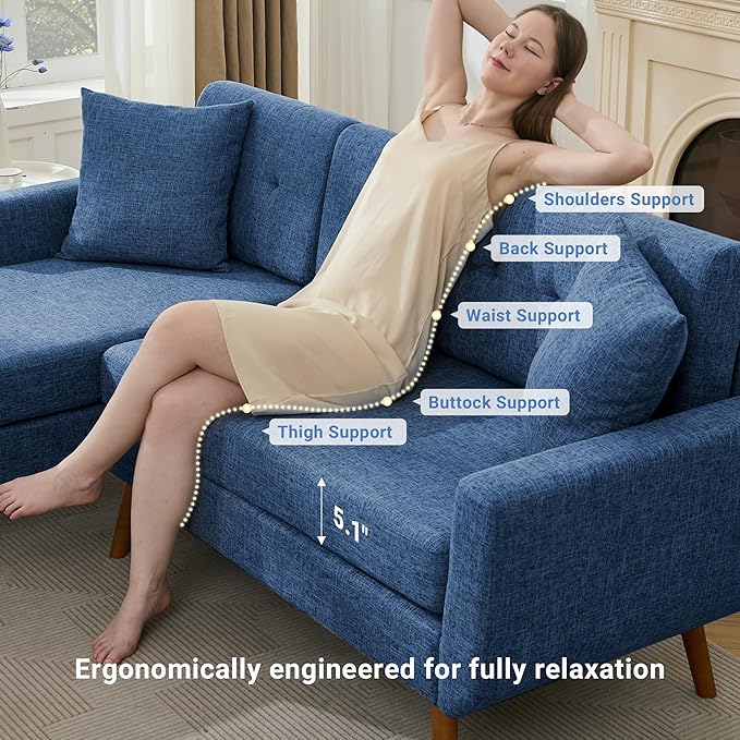 Tbfit L Shaped Couch Sofa, 80" W Mid-Century Modern Sectional Couches, 3 Seater Sofas with Wide Chaise Lounge & Two Pillows,Button Tufted Upholstered Sectional Sofa for Living Room, Bedroom, Blue