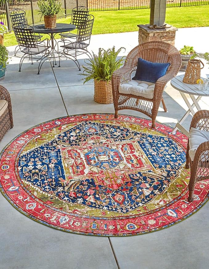 Unique Loom Outdoor Traditional Collection Area Rug - Limon (4' 1" Round Multi/Red)