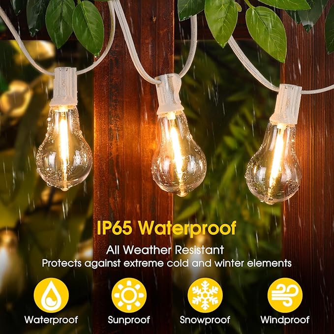 100FT Outdoor String Lights, LED Patio Lights with 42 Waterproof Shatterproof Dimmable A39 Hanging Bulbs(2 Spare) for Garden Wedding-White
