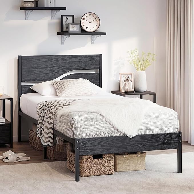 VECELO Twin Bed Frame with Wood Headboard, Solid and Strong Metal Support, No Box Spring Needed