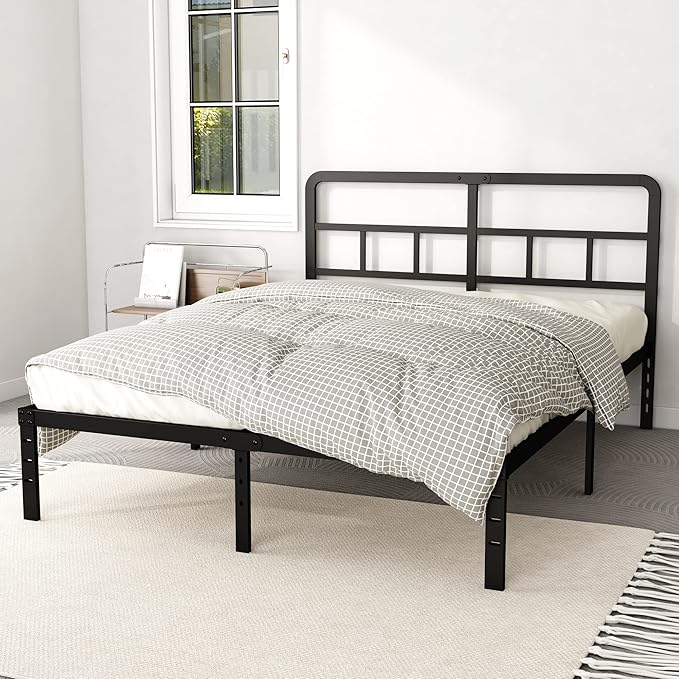 14 Inch Full Size Bed Frame with Headboard No Box Spring Needed, Heavy Duty Metal Platform with Steel Slat, Mattress Foundation, Easy Assembly, Noise Free, Black