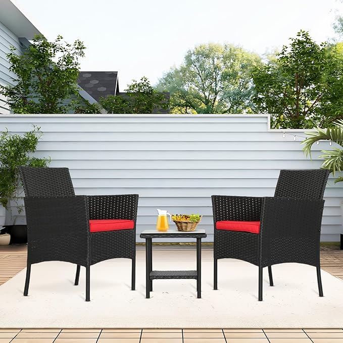 FDW | 3-Piece Patio Furniture Set | Black & Red | Outdoor Wicker Furniture with Coffee Table | Modern Rattan Chairs Conversation Set | Outdoor Seating | Weather-Resistant | for Porch, Garden, Lawn