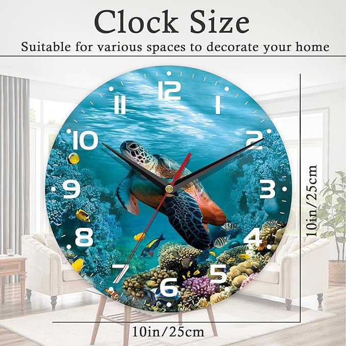 Wall Clock, 10 Inch Silent Non-Ticking Home Kitchen Decor, Battery Operated for Bathroom Bedroom Living Room Office(Sea Turtle Ocean Animals)