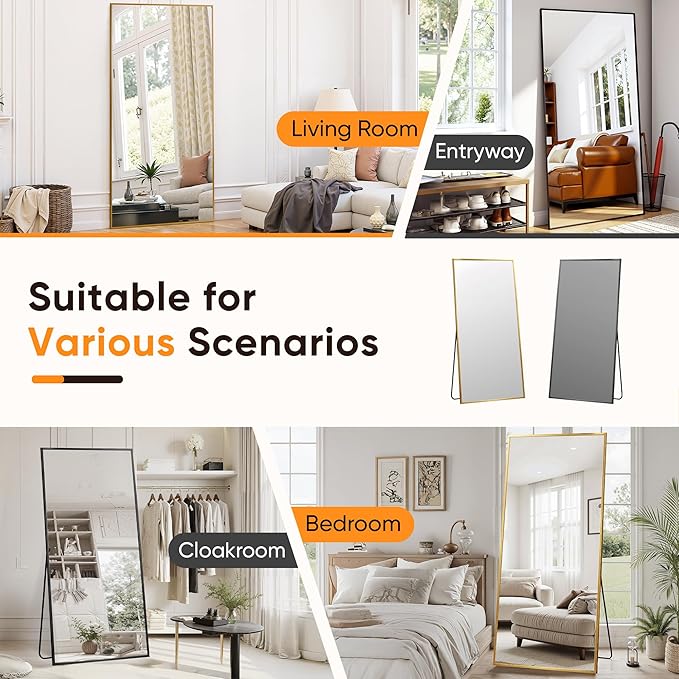 Suidia Full Length Mirror, 71"x32" Floor Standing Mirror Freestanding, Full Body Mirrors with Stand for Bedroom, Hanging Mounted for Living Room Cloakroom, Black, Rectangular Style