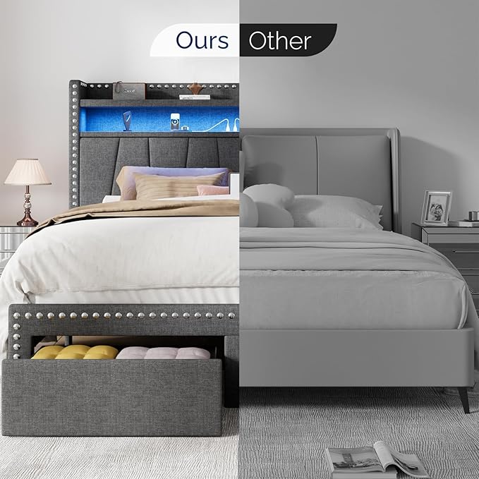 Queen Size Bed Frame with Storage Headboard and Drawers Modern Rivets Upholstered Bed Frame with LED Charging Station Queen Bedframe No Box Spring Needed