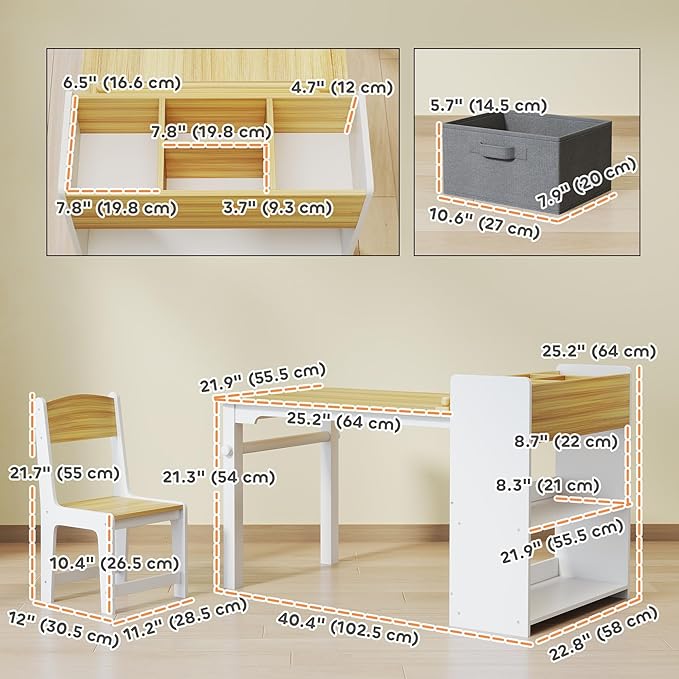 Qaba Kids Art Table & Easel Chair Set with Paper Roll, Toddler Desk and Chairs Set with Storage Shelves and Drawers, Activity Craft and Play Table for Writing Drawing Aged 3-8 Years Old, Natural Wood