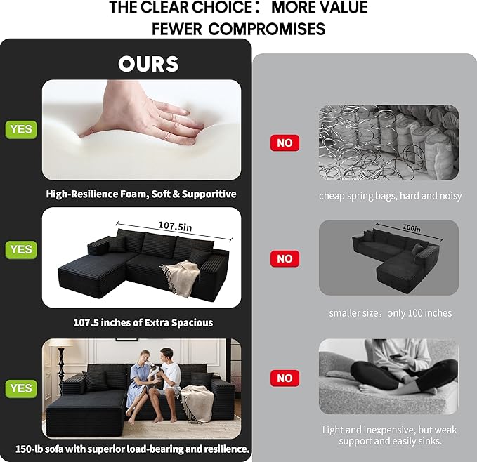 107.5" Cloud Sectional Couch with L-Shape Chaise,Modern Modular Sofa with Deep Seat, Upholstered Couches for Living Room Bedroom Apartments,No Assembly Required, (Black,Left Facing Chaise)