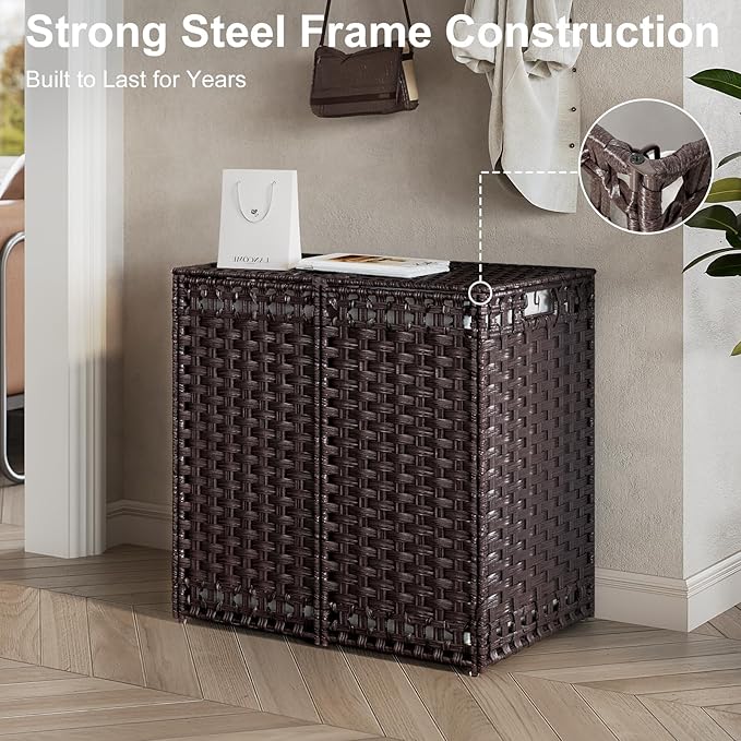 130L Foldable Laundry Hamper with Lid - Handwoven Rattan Storage Basket, 2-Section Clothes Hamper w/2 Removable Liner Bags, Easy Assembly, Portable for Bedroom Bathroom Dorm,Brown