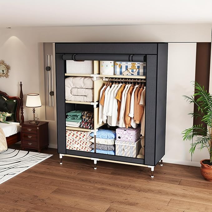 Portable Wardrobe Closet Durable and Easy to Assemble Heavy Duty Clothes Rack with Non-Woven Cover Fabric Best for Bedroom and Easy Storage and Organization (Grey-C)