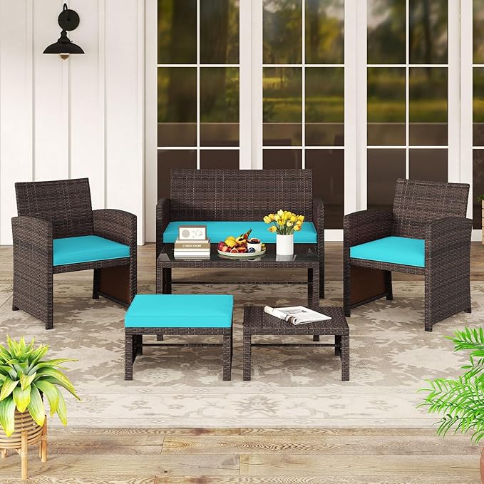 Tangkula 6 Pieces Patio Furniture Set, Outdoor Sectional Conversation PE Rattan Sofa Set with 1 Loveseat, 1 Coffee Table, 2 Armchairs and 2 Ottomans for Garden, Deck, Backyard and Poolside (Turquoise)