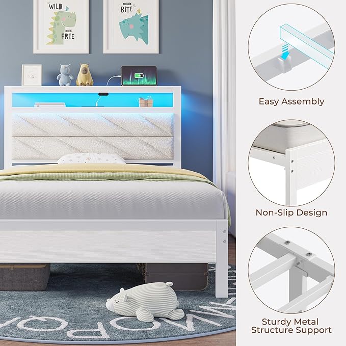 Seventable Bed Frame Twin Size with Charging Station, LED Bed with Upholstered Storage Headboard, Metal Platform Bed with Under Bed Storage, No Box Spring Needed, Noise Free, Easy Assembly, White