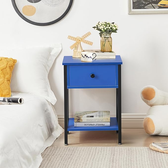 VECELO Nightstand,Modern Bedside End Table, Night Stand with Drawer and Storage Shelf for Living Room Bedroom, Industrial Metal Frame