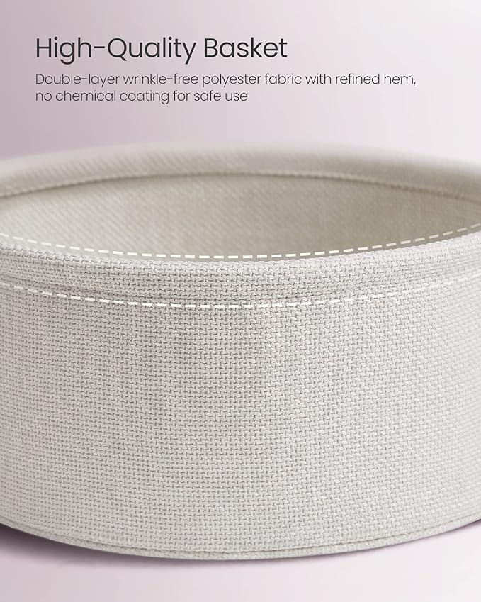 VASAGLE Small Round Side End Table, Modern Nightstand with Fabric Basket, Jelly Pink and Cream White ULET223R61