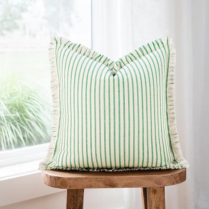 ZWJD Throw Pillow Covers 26x26 Set of 2 Green Striped Pillow Covers with Fringe Chic Cotton Decorative Pillows Square Cushion Covers for Sofa Couch Bed Living Room Farmhouse Spring Decor