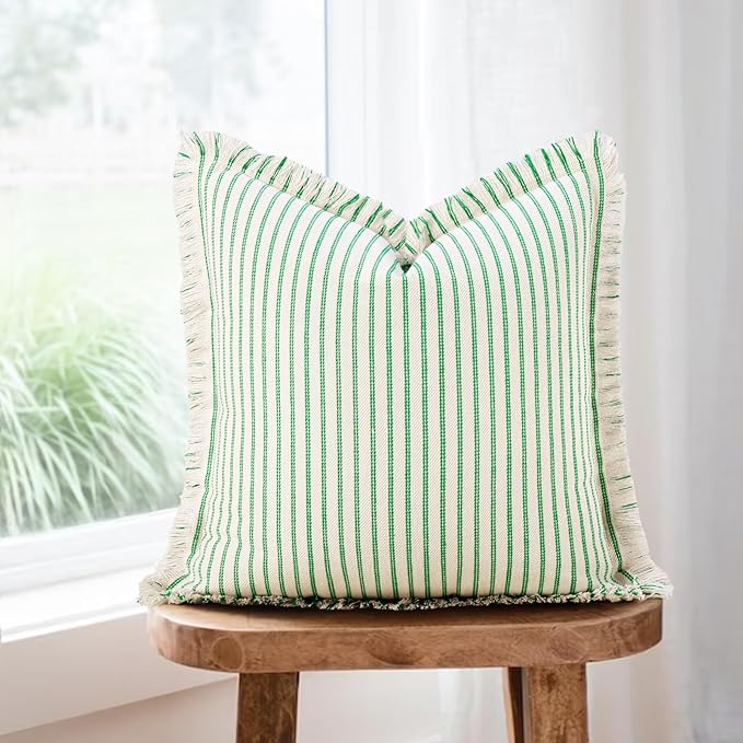 ZWJD Throw Pillow Covers 22x22 Set of 2 Green Striped Pillow Covers with Fringe Chic Cotton Decorative Pillows Square Cushion Covers for Couch Bed Living Room Farmhouse Spring Decor