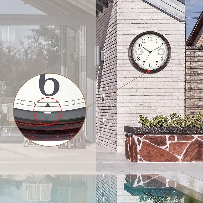 14 inch Outdoor Wall Clock, Plastic Waterproof Outdoor Clock with Temperature & Humidity, Water Resistant Wall Clocks for Patio Garden, Dark Brown