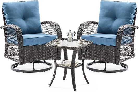 UDPATIO Patio Furniture Set 360 Swivel Chair 3 Piece Patio Set Wicker Outdoor Chair with Coffee Table for Yard, Bistro, Balcony, Blue