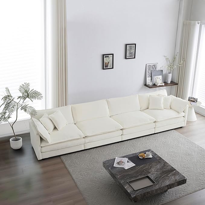 mikibama Luxury Modular Sectional Sofa, 146.5" Modern Chenille Comfy Cloud Couches for Living Room Office, 4 Seater Deep Sofa with 2 Armrest Pillows and 4 Toss Pillows, Beige