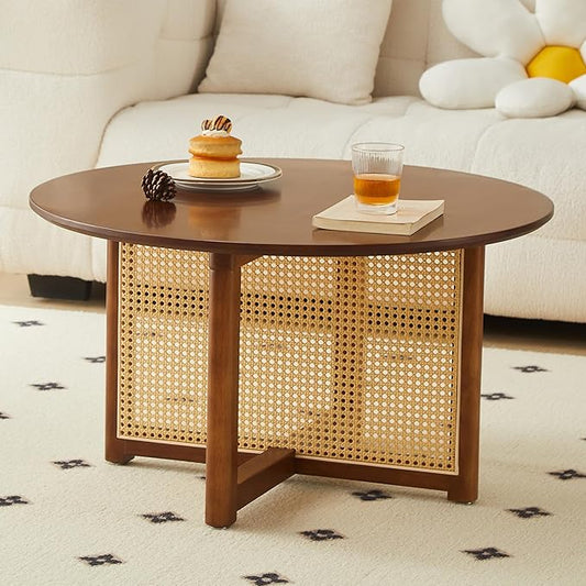 Small Round Coffee Table – 31.5" Solid Wood & Rattan Coffee Table, Modern Rustic Accent Table for Living Room, Boho Style, Walnut