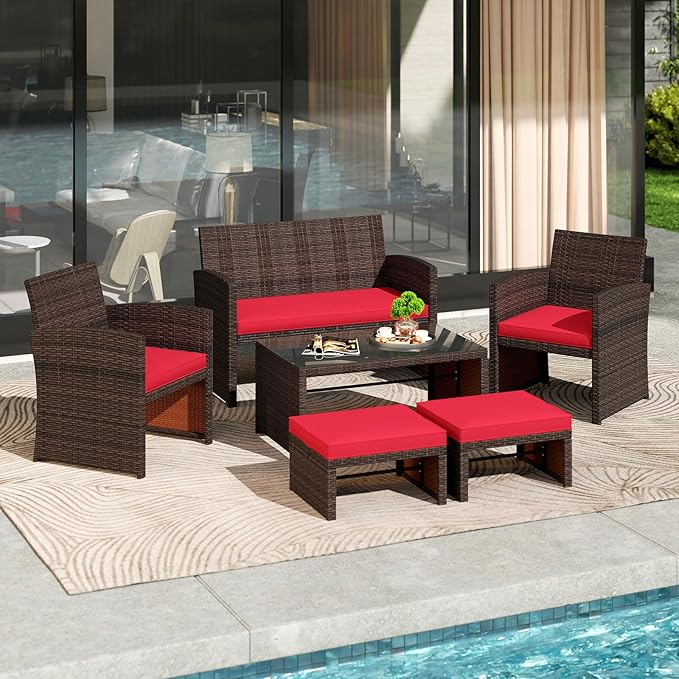 Tangkula 6 Pieces Patio Furniture Set, Outdoor Sectional Conversation PE Rattan Sofa Set with 1 Loveseat, 1 Coffee Table, 2 Armchairs and 2 Ottomans for Garden, Deck, Backyard and Poolside (Red)
