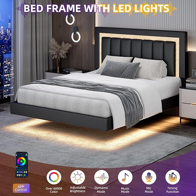 HOMBCK Floating Bed Frame Queen with Smart LED Lights, Faux Leather Upholstered Bed Frame Queen with Diamond Headboard, No Box Spring Needed, Noise Free, Easy Assembly, Black