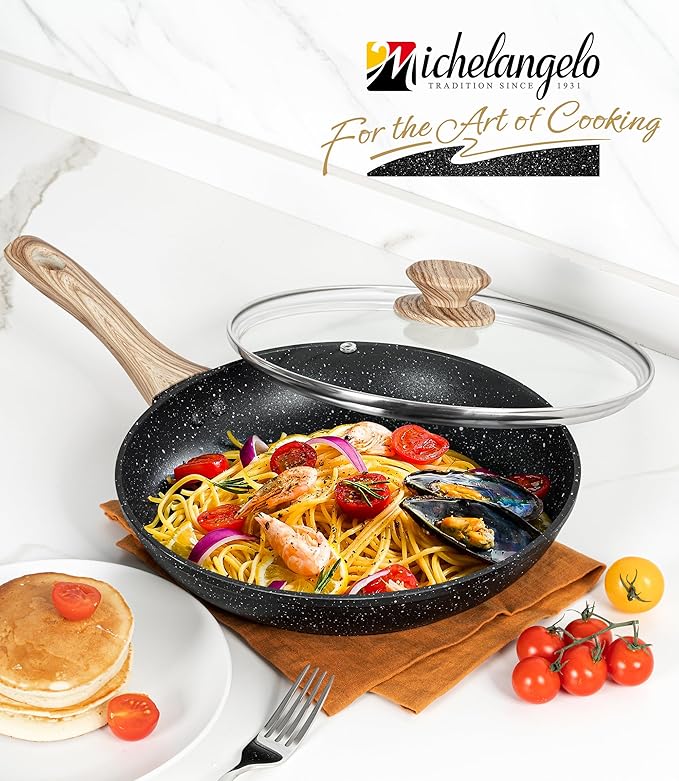 MICHELANGELO Non Stick Frying Pans - 12 Inch Nonstick Frying Pan with Glass Lid, Large Stone Fry Pan with Ergonomic Handle, Induction Compatible, Black