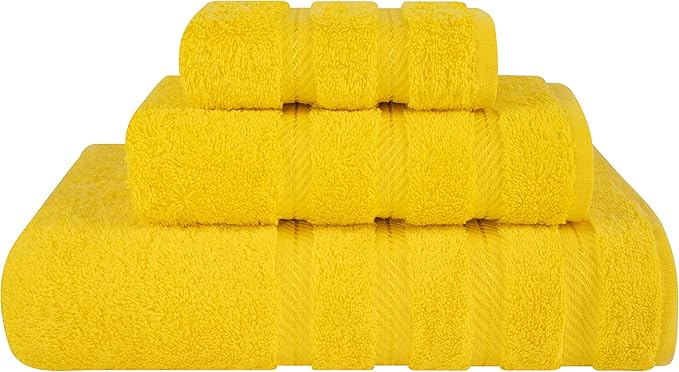 American Soft Linen Premium 3 Piece Towel Set, 1 Bath Towel 1 Hand Towel 1 Washcloth, 600 GSM 100% Cotton Turkish Towels for Bathroom, Yellow Towel Set