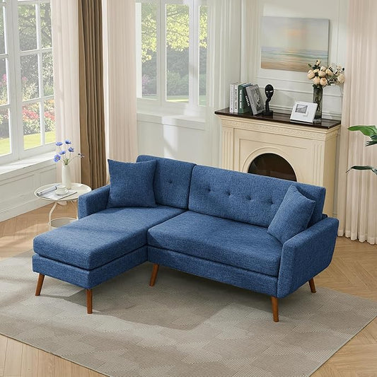 Tbfit L Shaped Couch Sofa, 80" W Mid-Century Modern Sectional Couches, 3 Seater Sofas with Wide Chaise Lounge & Two Pillows,Button Tufted Upholstered Sectional Sofa for Living Room, Bedroom, Blue