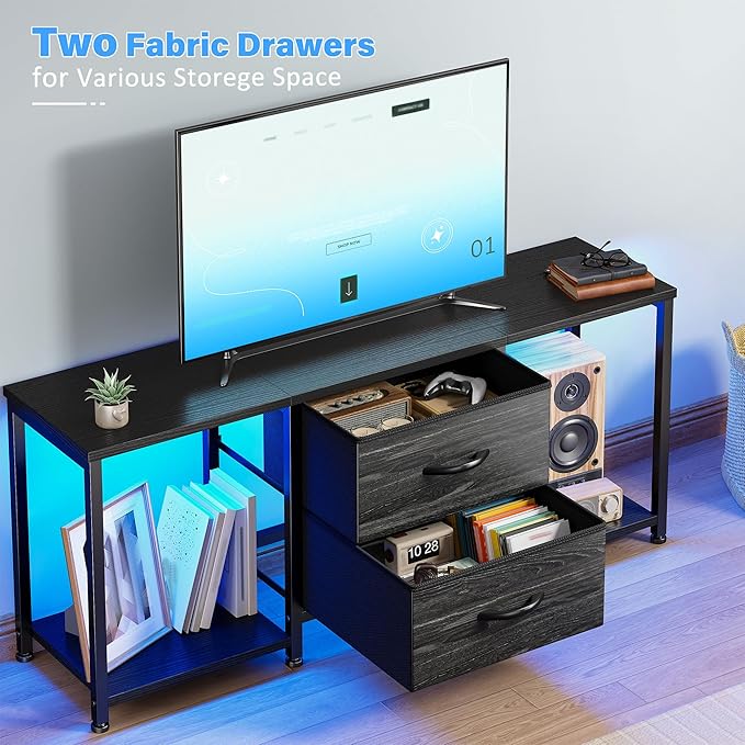 LED TV Stand Dresser for TVs up to 55 Inch, Entertainment Center with 2 Fabric Drawers and 2 Open Storage Shelves, Coffee Table Television Stands for Living Room, Bedroom, Wood Top, Metal Frame, Black