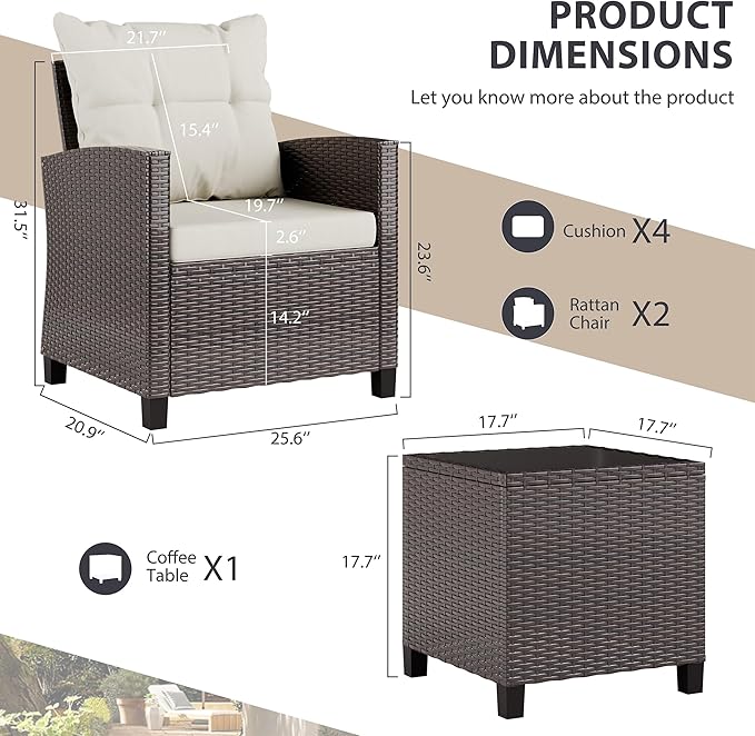 Vongrasig 3 Piece Patio Furniture Set Small Outdoor Wicker Rattan Front Porch Bistro Set Cushioned Patio Chairs Conversation Set with Glass Table for Lawn, Garden, Backyard, Balcony, Poolside (Beige)