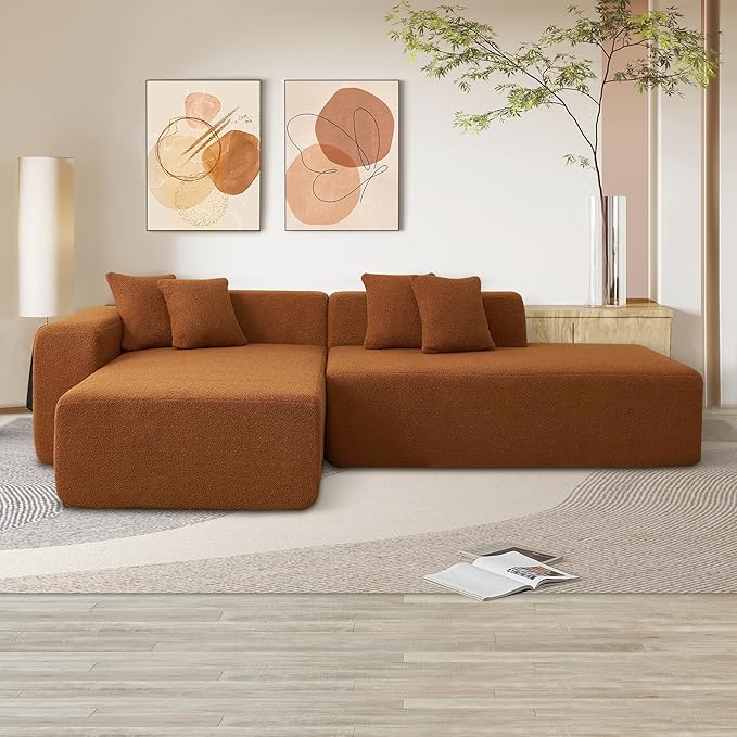 105'' Modular Sectional Couch, Modern L-Shape Sectional Sofa with Chaise Lounge, Comfy Lambswool Fabric Corner Sofa, Upholstered 4 Seater Couch for Living Room, Bedroom, Apartment, Orange