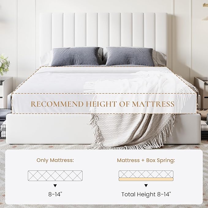 SHA CERLIN Queen Size Platform Bed Frame with 4 Storage Drawers, Vertical Channel Tufted Adjustable Headboard, Velvet Upholstered, Wooden Slats Support, No Box Spring Needed, Easy Assembly, White