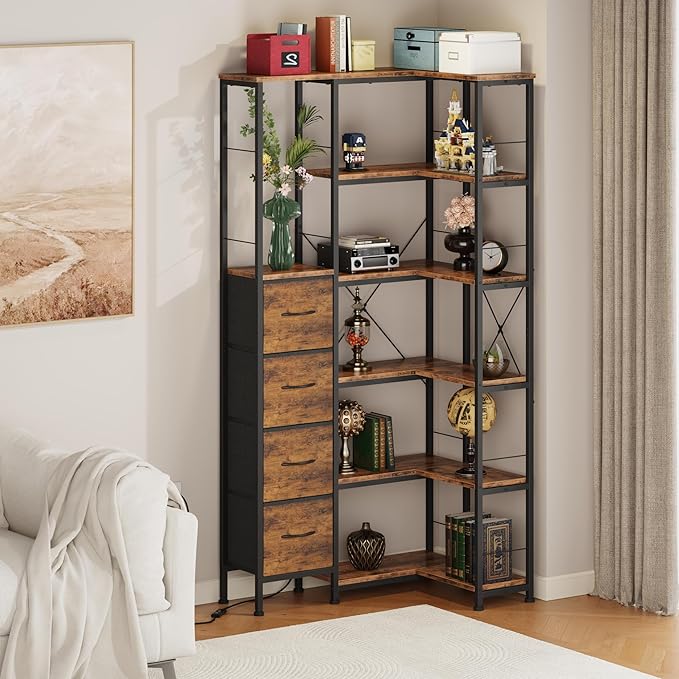 Corner Bookshelf with LED Light Strips & 4 Fabric Drawers, 6-Tier Convertible Corner Shelf with Display Shelf, Large Wood Industrial Bookcase for Living Room, Bedroom, Home Office, Rustic Brown