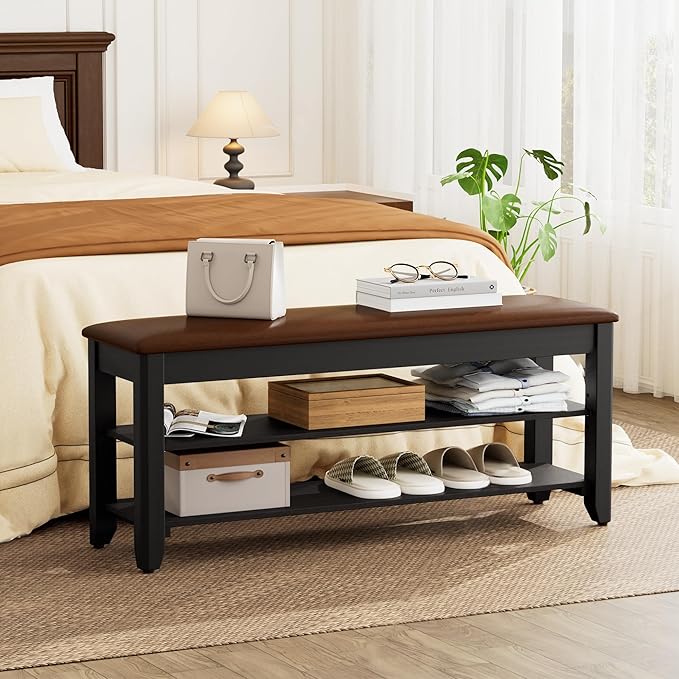 Shoe Rack Bench with Flip-Top Storage, Solid Wood Entryway Bench with Cushion, Adjustable Shelf, for Hallway, Mudroom, Closet – Black, 39.4"