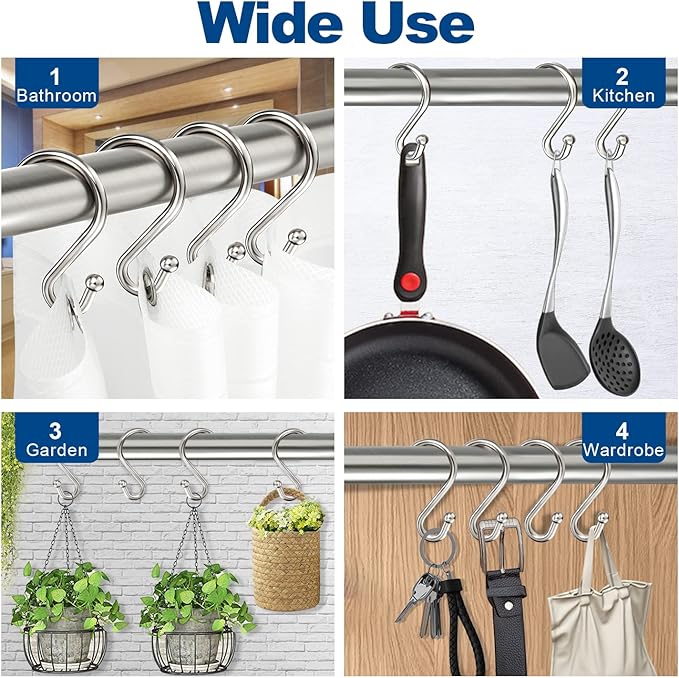 Shower Curtain Hooks Rings, Zinc Alloy S Shaped Shower Hooks Rust Proof, Shower Curtain Hangers for Shower Curtain, Kitchen, Wardrobe & Garden, Brushed Nickel, Set of 12