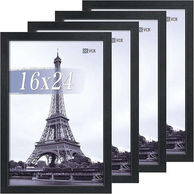 VCK 16x24 Poster Frame Set of 4 - Black, Gallery-Quality Wood Picture Frames, 1.1-Inch Wide Border, Polished Plexiglass, Vertical or Horizontal Wall Display for Photo/Art/Prints, Black