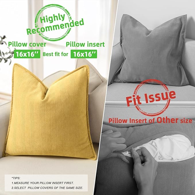 ZWJD Yellow Pillow Covers 16x16 Set of 2 Chenille Throw Pillow Covers with Elegant Design Soft and Luxurious Decorative Throw Pillows for Couch, Bed, and Home Decor
