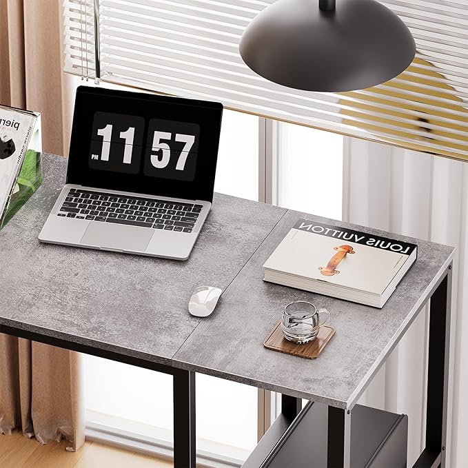 SINPAID Computer Desk 40 inches with 2-Tier Shelves Sturdy Grey Desks with Large Storage Space Modern Gaming Desk Study Writing Laptop Table, Gray