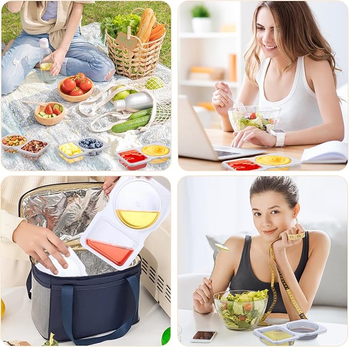 20 Pack Reusable Snack Containers with Lids - Double Compartment Sauce Cups with 20 Forks, Microwave Safe Portion Control Containers for Meal Prep, Take-out, Party & Travel