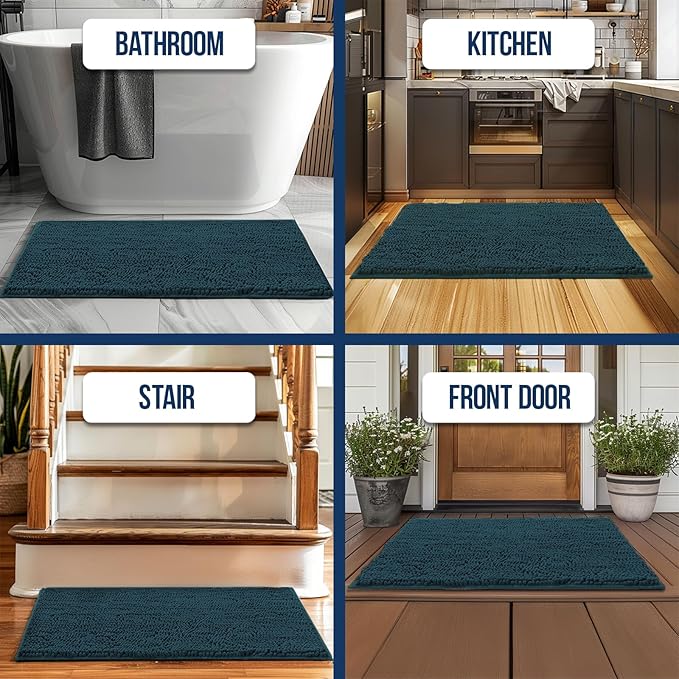Muddy Mat Chenille Bathroom Rugs Quick Dry Microfiber Mats Non Slip Washable, Extra Thick, Soft and Highly Absorbent Bath Mats for Bathroom, Kitchen, and Shower Floor - Atlantic Blue XL 59"X35"