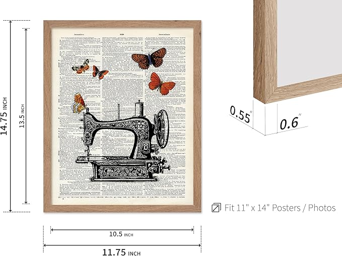 Poster Master Dictionary Art Poster - Sewing Machine Print - Sewing Art - Butterfly Art - Gift for Men, Women & Dressmaker - Chic Decor for Living Room, Bedroom or Office, 11x14 Beige Framed