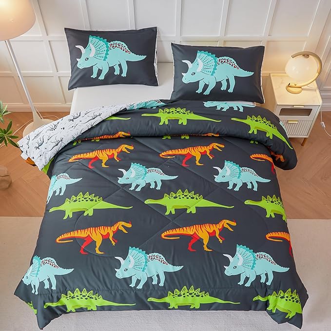 RYNGHIPY Dinosaur Bedding Set Queen Size Dinosaur Kids Comforter Set for Boys Girls Soft Breathable Cute Dinosaur Bed Set for All Season (Black,Queen)