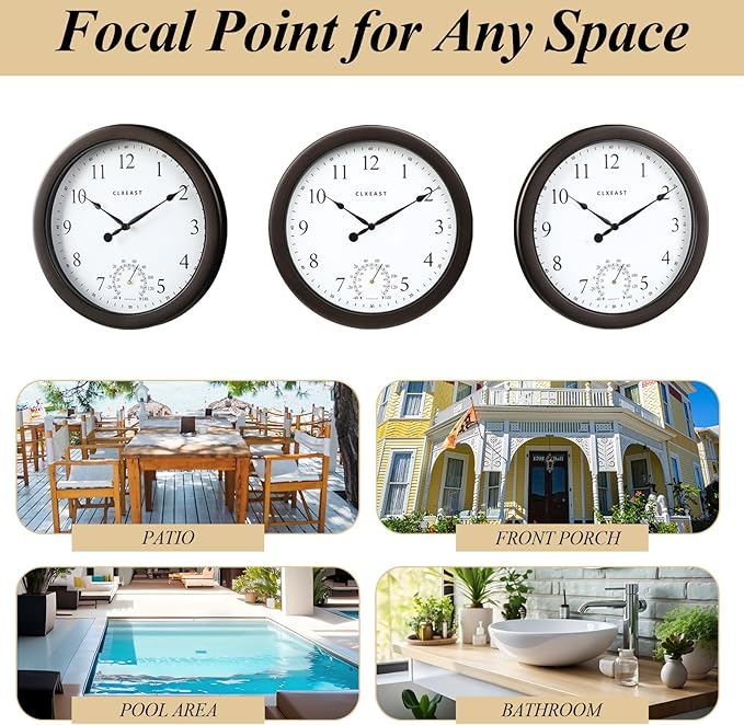 CLXEAST 10.4 Inch Indoor Outdoor Clocks Waterproof,Outdoor Clock with Temperature for Bathroom,Patio, Pool,Kitchen,Oil Rubbed Bronze Black Finish,House Warming Gifts New Home