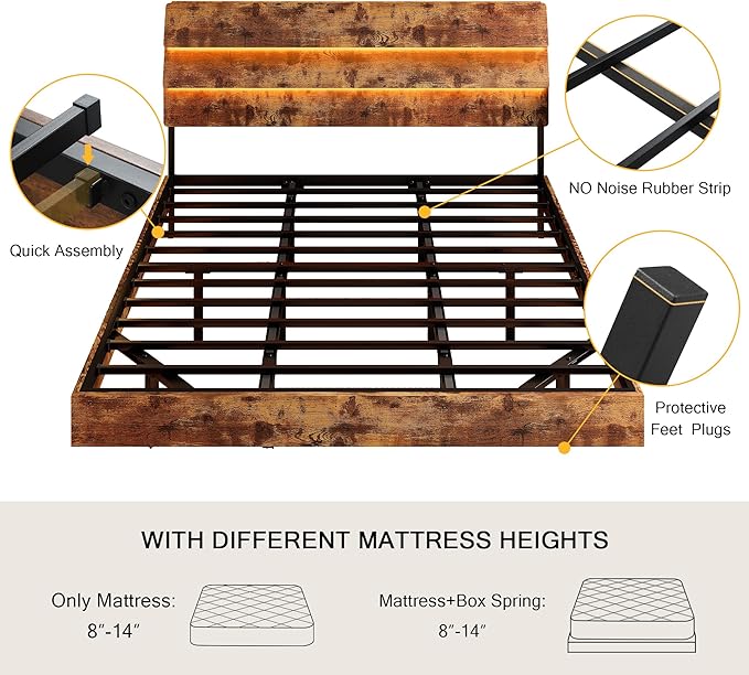 Floating Bed Frame King Size with Led Headboard and Charging Station, Metal Platform Bed Base with Storage, Remote Control, Heavy Slats Support, No Box Spring Needed, Noise Free, Vintage Brown