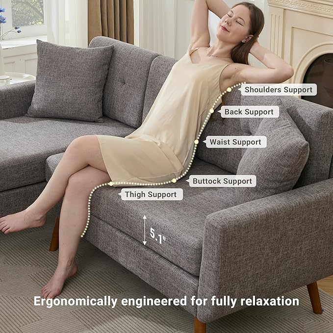 Tbfit L Shaped Couch Sofa, 80" W Mid-Century Modern Sectional Couches, 3 Seater Sofas with Wide Chaise Lounge & Two Pillows,Button Tufted Upholstered Sectional Sofa for Living Room, Bedroom, Gray