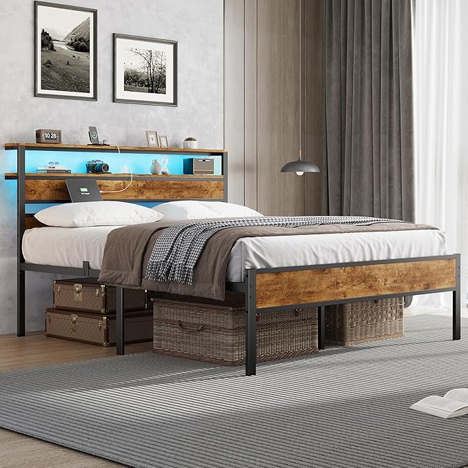 Hasuit Queen Bed Frame with Headboard LED Lights, Queen Size Bed with Charging Station 2-Tier Storage Shelves, Metal Platform Bed with Heavy Duty Slat, Fast Assembly, No Box Spring Needed, Noise Free