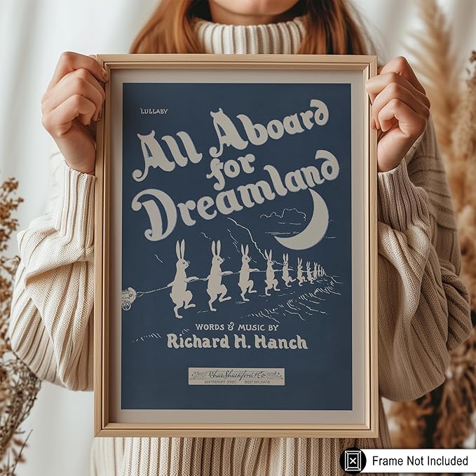 Poster Master All Aboard For Dreamland - Retro Children's Lullaby Print - Story Book Art - Bunny and Rabbit - Aesthetic Kid's Bedroom or Nursery Wall Decor - 16x20 UNFRAMED