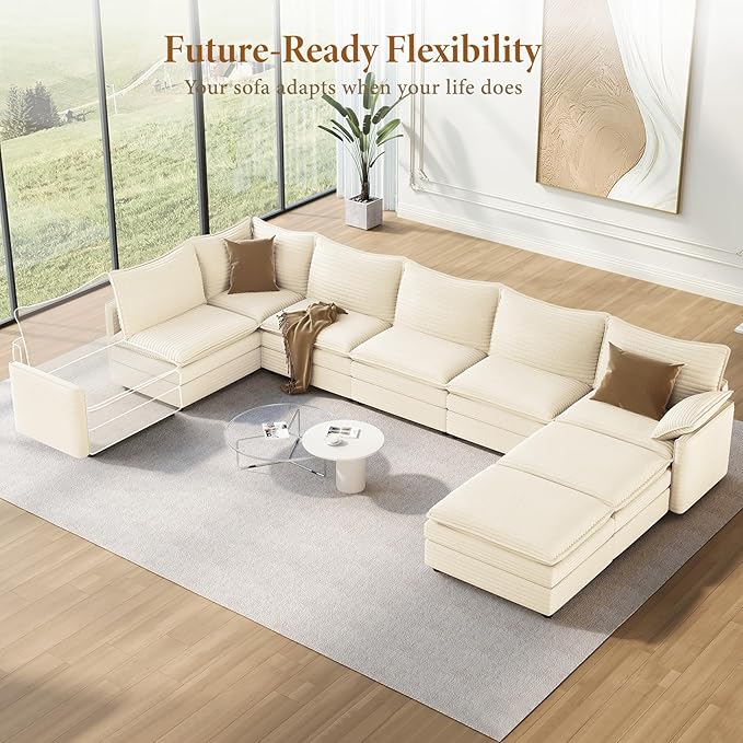 Vesgantti Large Modular Sectional Sofa, Big Comfy Cloud Couch with Ottoman Deep Seat Corduroy Cloud Sofa, 8 Seater Large Sectional Couches for Living Room, Bedroom and Apartment, Beige